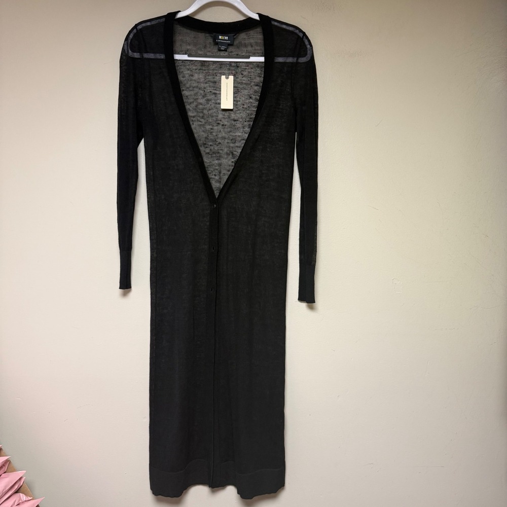 Maeve Anthropologie Duster Cardigan Womens XXS Black NEW Linen Blend Sheer Long